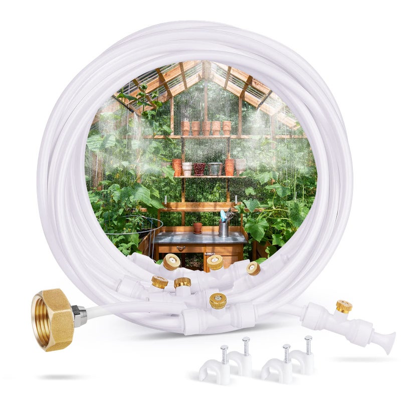 homenote Misting Cooling System, 26.3FT (8M) Misting Line + 7 Brass Mist Nozzles + Brass Adapter(3/4") Misters for Outside Patio Cooling Garden Greenhouse Watering - Image 1